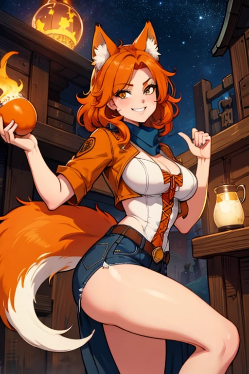 Perfect face, perfect hands. An orange haired female cowgirl with copper eyes with an hourglass figure with orange fox ears and an orange fox tail in a conservative cowgirl outfit is smiling while leaning forward underneath the stars in a wild west town