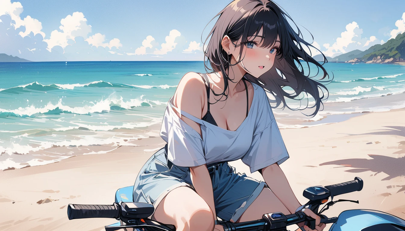 (masterpiece, Highest quality:1.2), 1 Girl, alone,Eyes open,Are you having fun,Tropical atmosphere,Riding in a car near the sea
