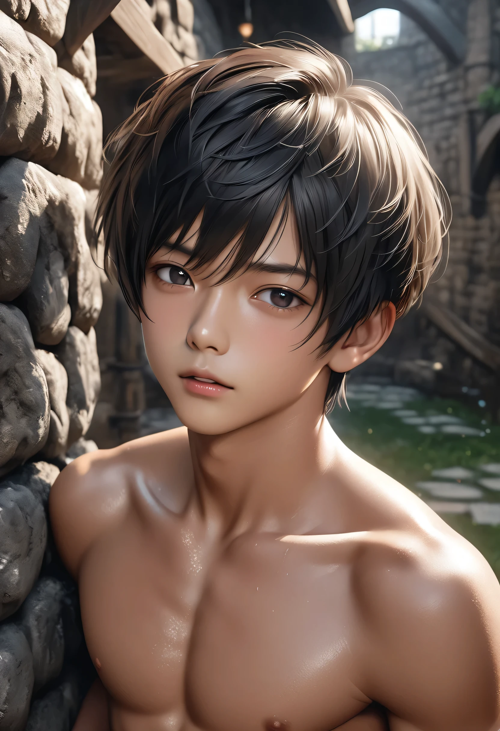 high quality, detailed, photo Realistic, (22 years old tanned japanese idol boy), (detailed black eyes), (black short hair),(tanned shiny skin:1.3), black tiny thong, bulge,(detailed nipples), yard, dungeon, (best quality,4k,8k,highres,masterpiece:1.2), (face close up:0.8),(realistic,photorealistic,photo-realistic:1.37),