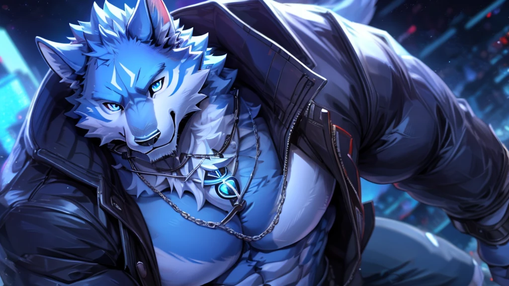 bynamic angle,depth of field, motion blur, absurdres,looking at viewer, (best quality), (masterpiece), (ultra detailed),(detailed eyes),sharp focus,manga,anthro male Blue Wolf,(muscular),Huge body chest , own pet kitty ,sky blue eyes,handsome jacket blue cyber city gray pants holding a microphone galaxynecklace galaxy