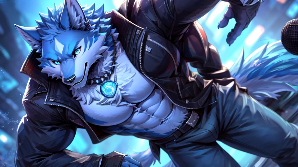 bynamic angle,depth of field, motion blur, absurdres,looking at viewer, (best quality), (masterpiece), (ultra detailed),(detailed eyes),sharp focus,manga,anthro male Blue Wolf,(muscular),Huge body chest , own pet kitty ,sky blue eyes,handsome jacket blue cyber city gray pants holding a microphone galaxynecklace galaxy 