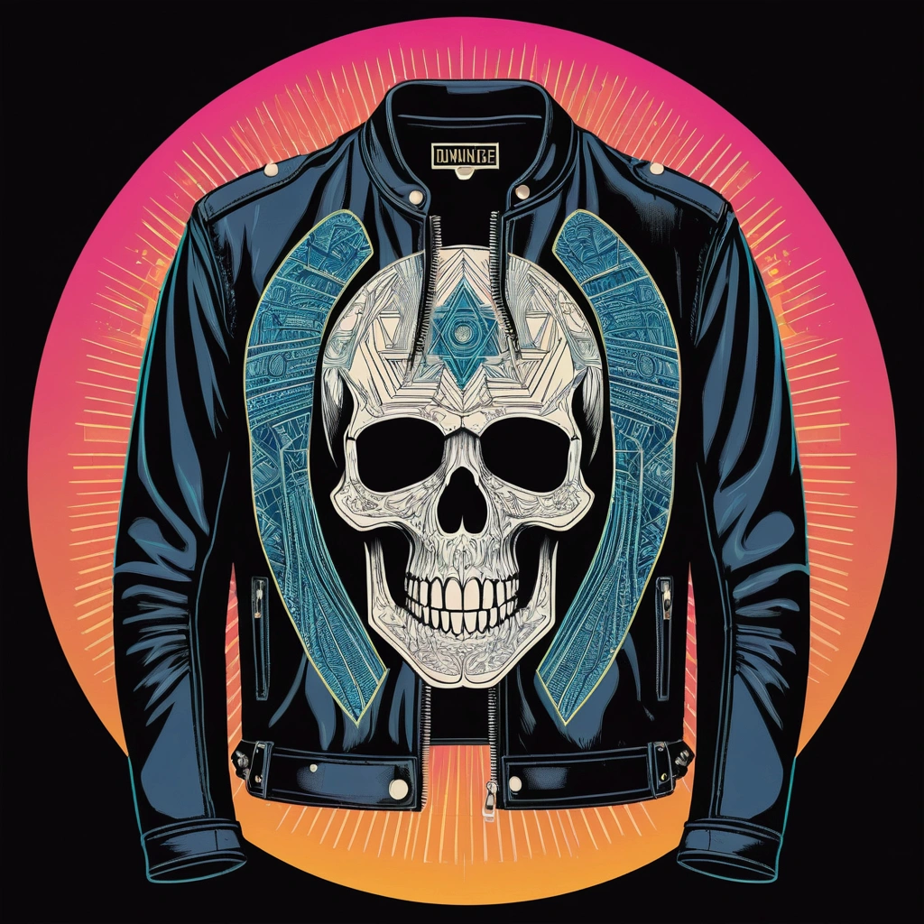 /imagine prompt: a skull, in a leather jacket and jeans, simulating the CMYK color process, monochromatic background, by yukisakura, with 3D effect, incredible and original colors, High-Density Printing: "a robust and well-defined design, like a high-density print." "like puff printing" on a 1979 Harley Davidson, intricate geometric patterns, Art Deco, vector illustration, vintage colors, magical realism, synthwave:: t-shirt vector, center composition graphic design, plain background: upbeta --ar 1:1