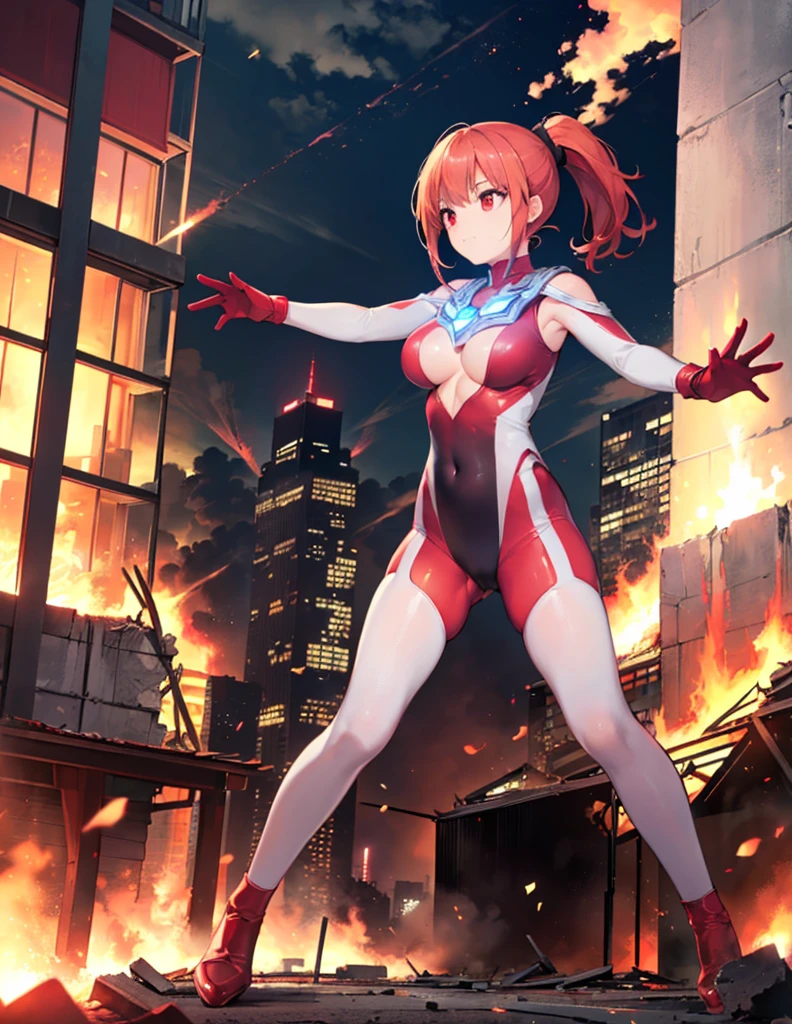Realistic,Highest quality, Ultra Detail, High-quality CG rendering, The most delicate and beautiful, Floating softly, High resolution, (1 giant girl), (Highest quality,4K,8K,masterpiece:1.2),(All red hair:1.5), (ponytail:1.5),(Red eyes:1.5), (Ultra Girl:1.0), (All red Ultraman bodysuit:1.4),(Do not expose your skin:1.4),(Slightly larger :1.5),(Red gloves:1.3),(Red Shoes:1.3),(whole body:1.3),(Are standing:1.3),(A city engulfed in flames:1.3),(Buildings in flames:1.3),(Burning Ruins:1.3),(Fighting Pose:1.3)