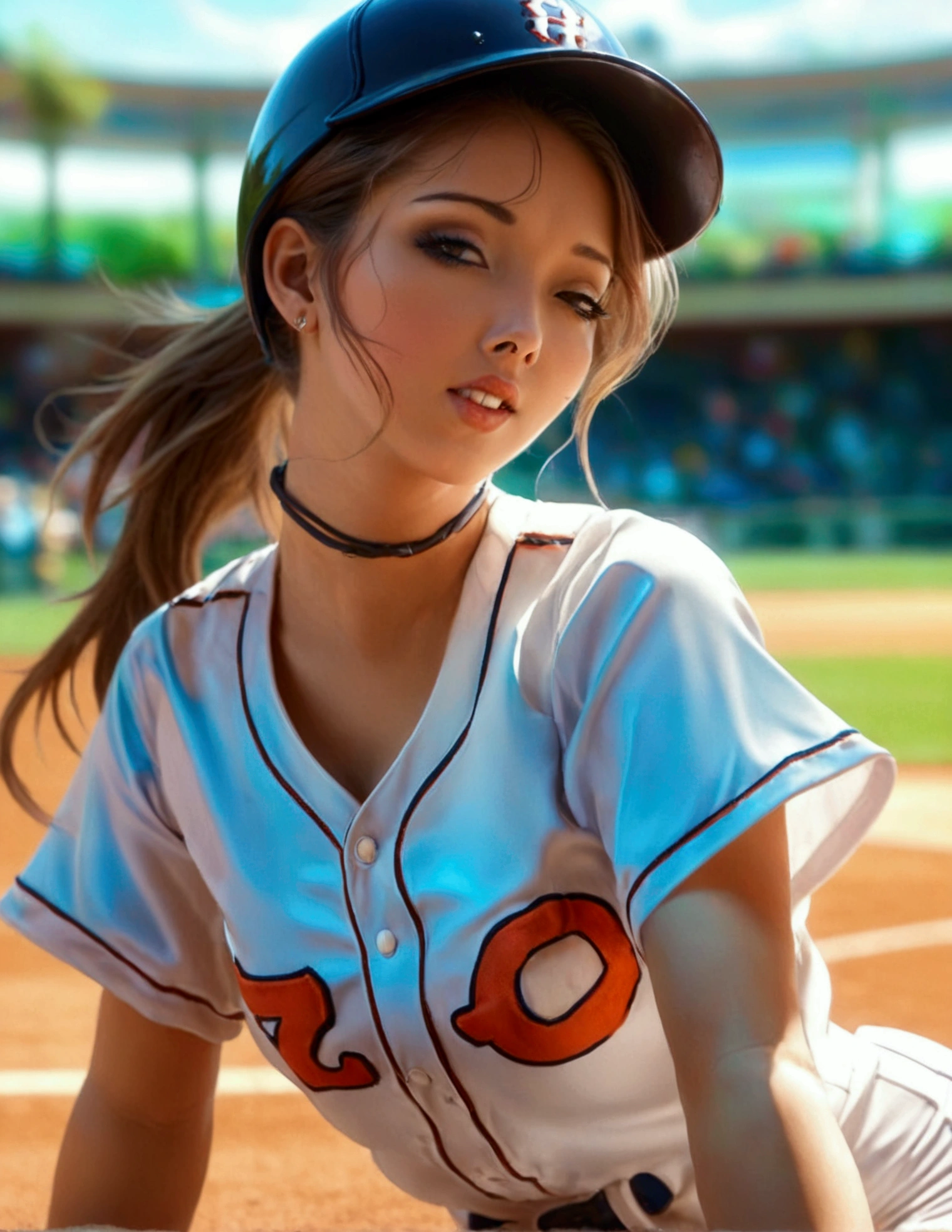 a cute woman in a sexy baseball uniform with her hair in a ponytail, sliding into 3rd base, entire body visible, camera angle low to the ground, highly detailed, photorealistic, 8k, best quality, masterpiece, ultra-detailed, sharp focus, physically-based rendering, extreme detail description, vivid colors, professional