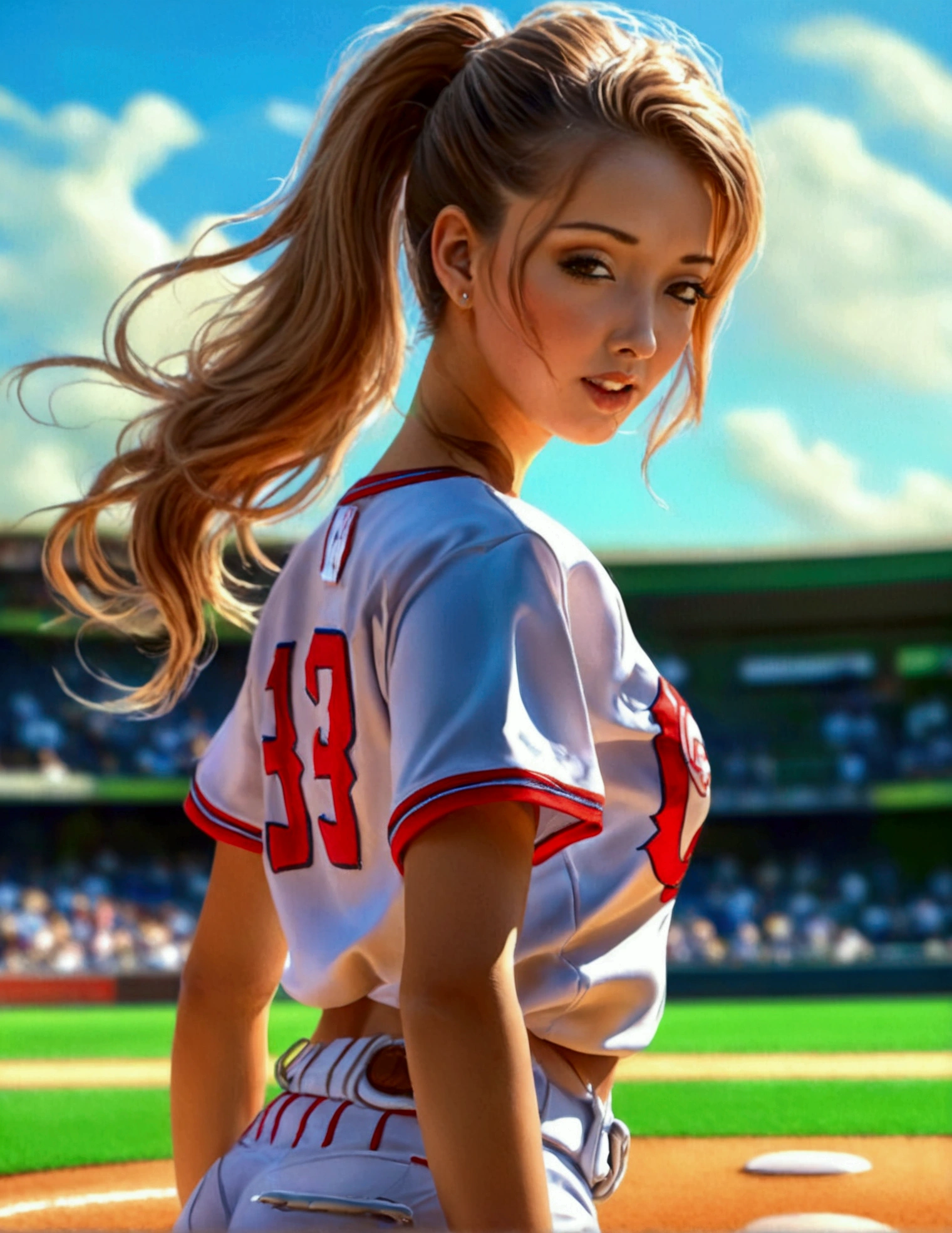 a cute woman in a sexy baseball uniform with her hair in a ponytail, sliding into 3rd base, entire body visible, camera angle low to the ground, highly detailed, photorealistic, 8k, best quality, masterpiece, ultra-detailed, sharp focus, physically-based rendering, extreme detail description, vivid colors, professional
