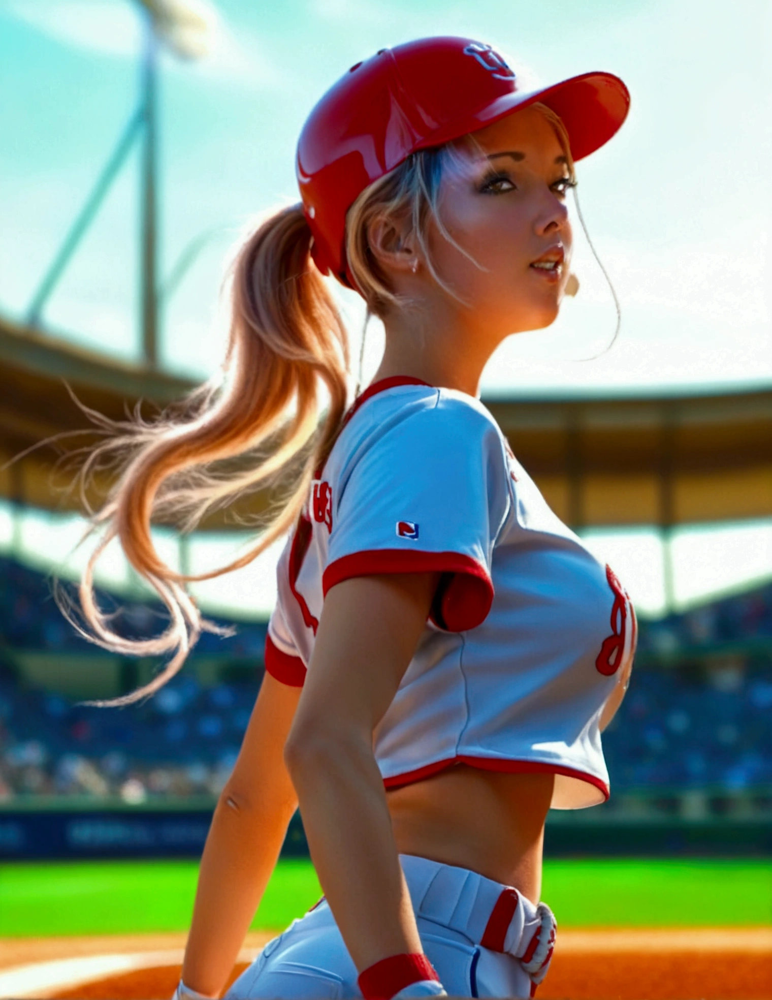 a cute woman in a sexy baseball uniform with her hair in a ponytail, sliding into 3rd base, entire body visible, camera angle low to the ground, highly detailed, photorealistic, 8k, best quality, masterpiece, ultra-detailed, sharp focus, physically-based rendering, extreme detail description, vivid colors, professional