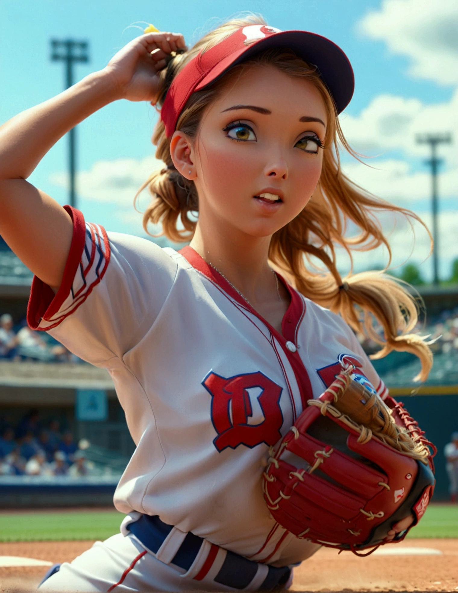 a cute woman in a sexy baseball uniform with her hair in a ponytail, sliding into 3rd base, entire body visible, camera angle low to the ground, highly detailed, photorealistic, 8k, best quality, masterpiece, ultra-detailed, sharp focus, physically-based rendering, extreme detail description, vivid colors, professional