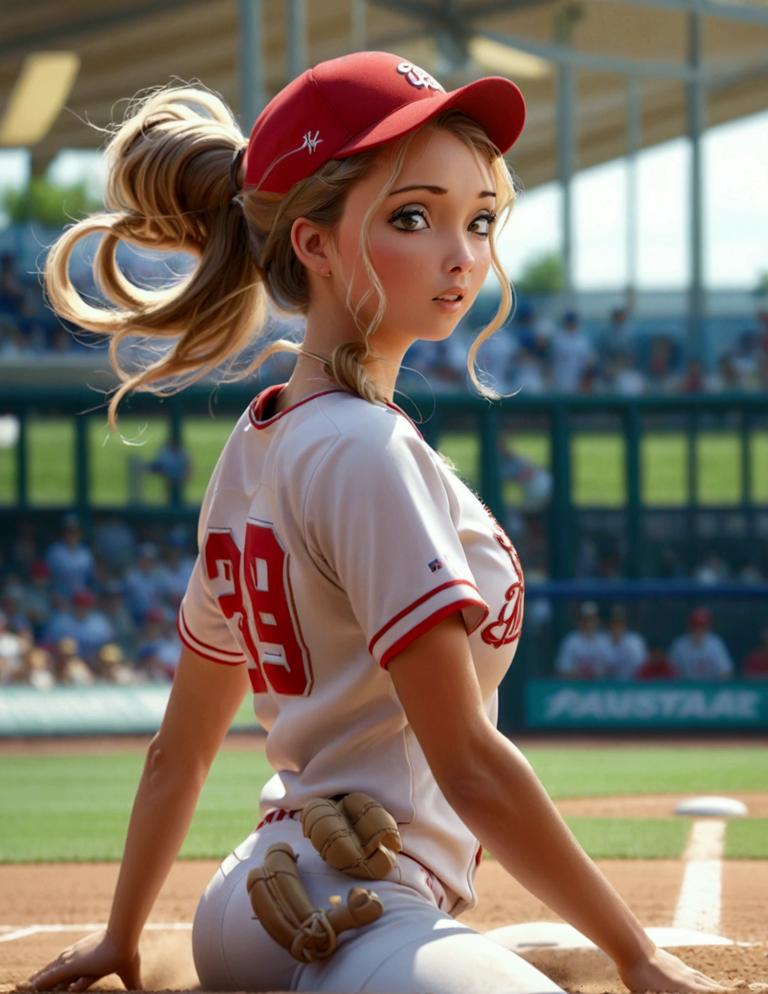 a cute woman in a sexy baseball uniform with her hair in a ponytail, sliding into 3rd base, entire body visible, camera angle low to the ground, highly detailed, photorealistic, 8k, best quality, masterpiece, ultra-detailed, sharp focus, physically-based rendering, extreme detail description, vivid colors, professional