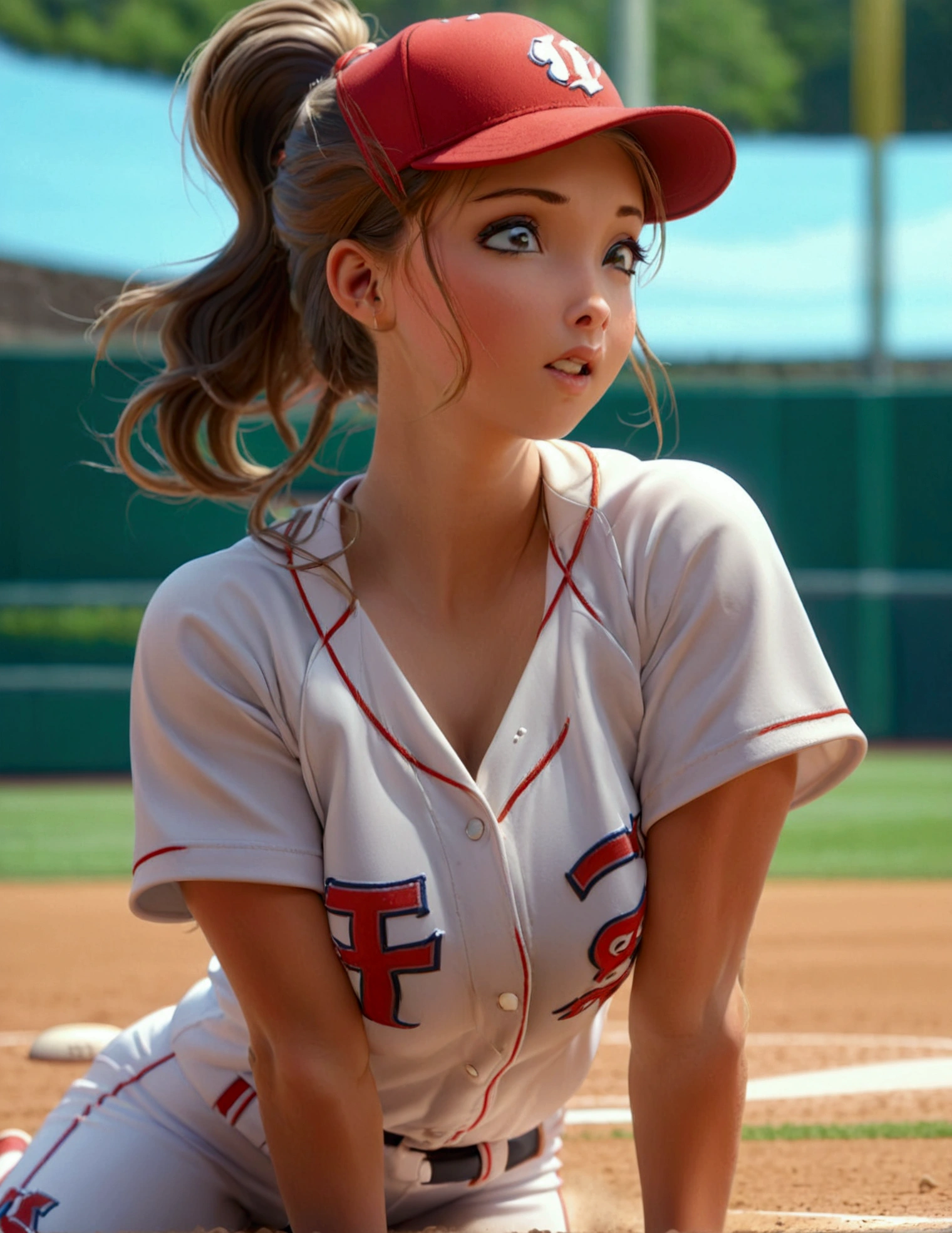 a cute woman in a sexy baseball uniform with her hair in a ponytail, sliding into 3rd base, entire body visible, camera angle low to the ground, highly detailed, photorealistic, 8k, best quality, masterpiece, ultra-detailed, sharp focus, physically-based rendering, extreme detail description, vivid colors, professional