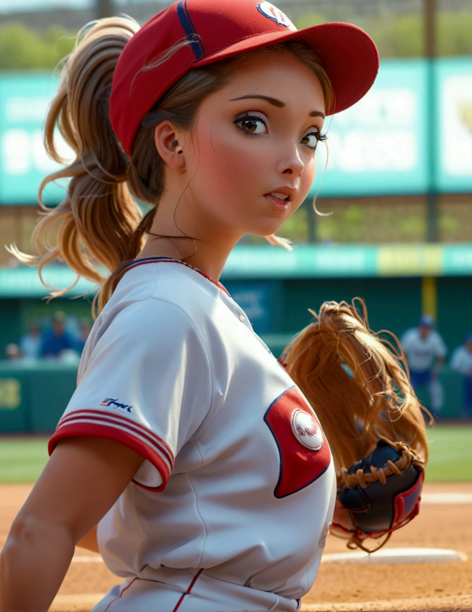 a cute woman in a sexy baseball uniform with her hair in a ponytail, sliding into 3rd base, entire body visible, camera angle low to the ground, highly detailed, photorealistic, 8k, best quality, masterpiece, ultra-detailed, sharp focus, physically-based rendering, extreme detail description, vivid colors, professional