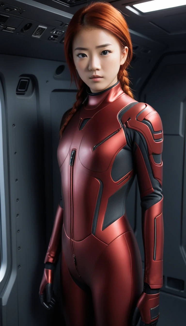 1 Girl、Medium Bust、solo、red Hair、Braid、Mobile Race Suit、Shoulder Armor、ceiling、Wide Shot、Looking Ahead、zipup suit 、Closed Mouth、Highest quality、medium quality、22 years old、Mobile Trace System、cockpit、Asian、