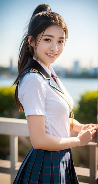 (a beautiful eurasian lady posing at Sydney Opera House, Age 28, (((full bodyesbian))), ((Girls' High School Uniforms)), short_bob_hair_ponytail, Dimples, friendly & kind smile, snaggle-tooth, realistic skin textures, healthy body proportion, hyper-realism, photorealistic, beautiful detailed eyes, high contrast, ultra HD, top image quality, fine details, very meticulously, masterpiece, the_cowboy_shot, bokeh background, Windy morning dawn)