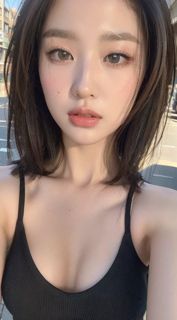 ((Best quality, 8k, Masterpiece :1.3)), Sharp focus: 1.2, Perfect Body Beauty: 1.4, Slim Abs: 1.2, ((Layered hairstyle: 1.2)), (Tank top shirt:1.1), (Street: 1.2), Highly detailed face and skin texture, Fine eyes, Double eyelids, close up, medium breast