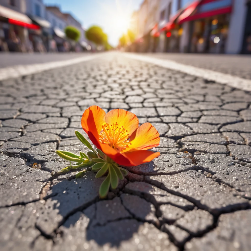 A masterpiece, very detailed, photorealistic, portulaca flowers blooming from cracks in the asphalt, the focus is on the poppies, the background is a shopping street with the sun setting, the shopping street and the sun are out of focus, the depth of field of the macro lens,