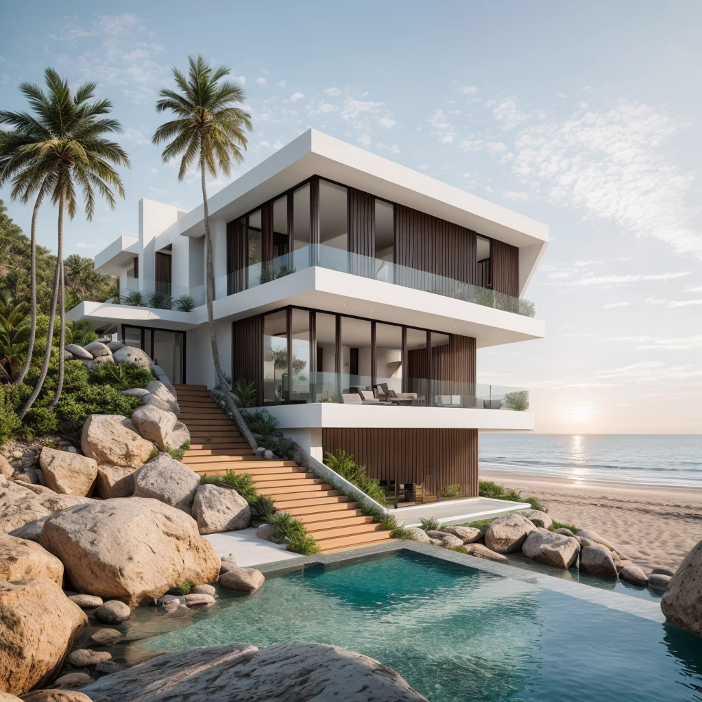 the exterior of modern villa on the beach, masterpiece, photorealistic, best quality, ultra high res, architechture shot, composite construction, piles/stacks, innovative page design,natural light,early morning environment,Vray,
RAW photo, 8k uhd, dslr, soft lighting, high quality, film grain, Fujifilm XT3