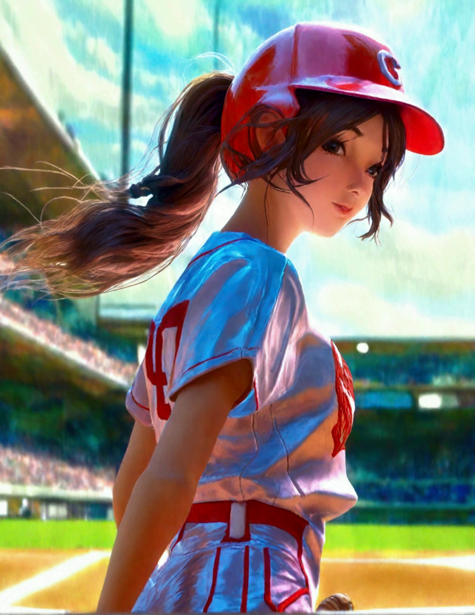 a cute woman in a sexy baseball uniform with her hair in a ponytail, sliding into 3rd base, entire body visible, camera angle low to the ground, highly detailed, photorealistic, 8k, best quality, masterpiece, ultra-detailed, sharp focus, physically-based rendering, extreme detail description, vivid colors, professional