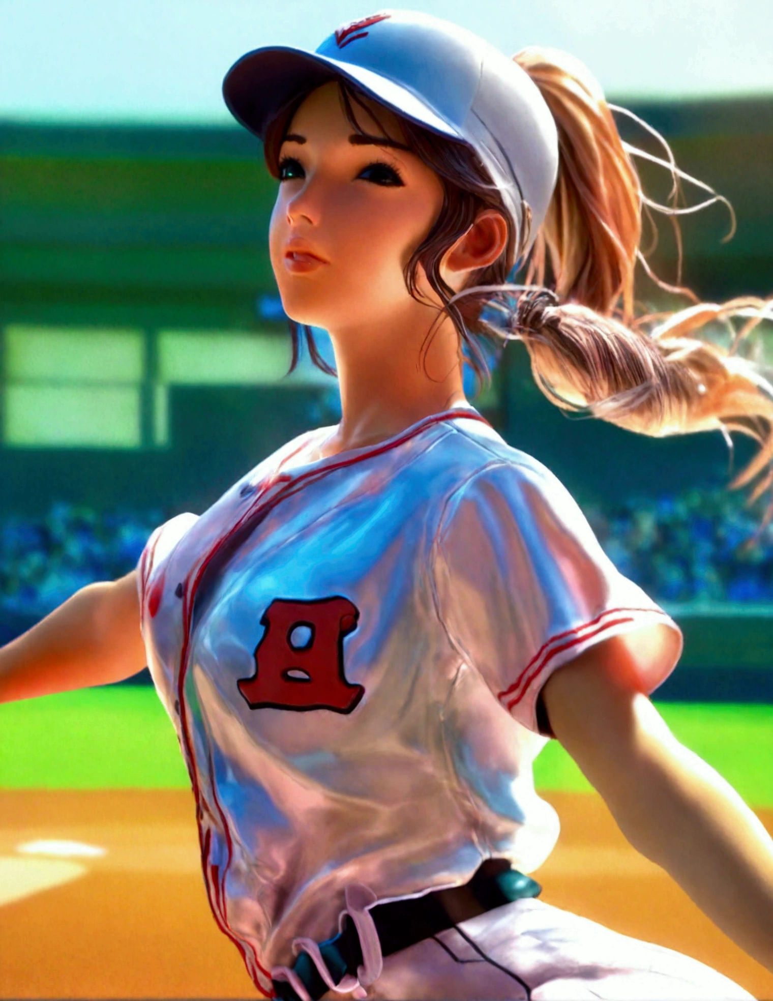 a cute woman in a sexy baseball uniform with her hair in a ponytail, sliding into 3rd base, entire body visible, camera angle low to the ground, highly detailed, photorealistic, 8k, best quality, masterpiece, ultra-detailed, sharp focus, physically-based rendering, extreme detail description, vivid colors, professional
