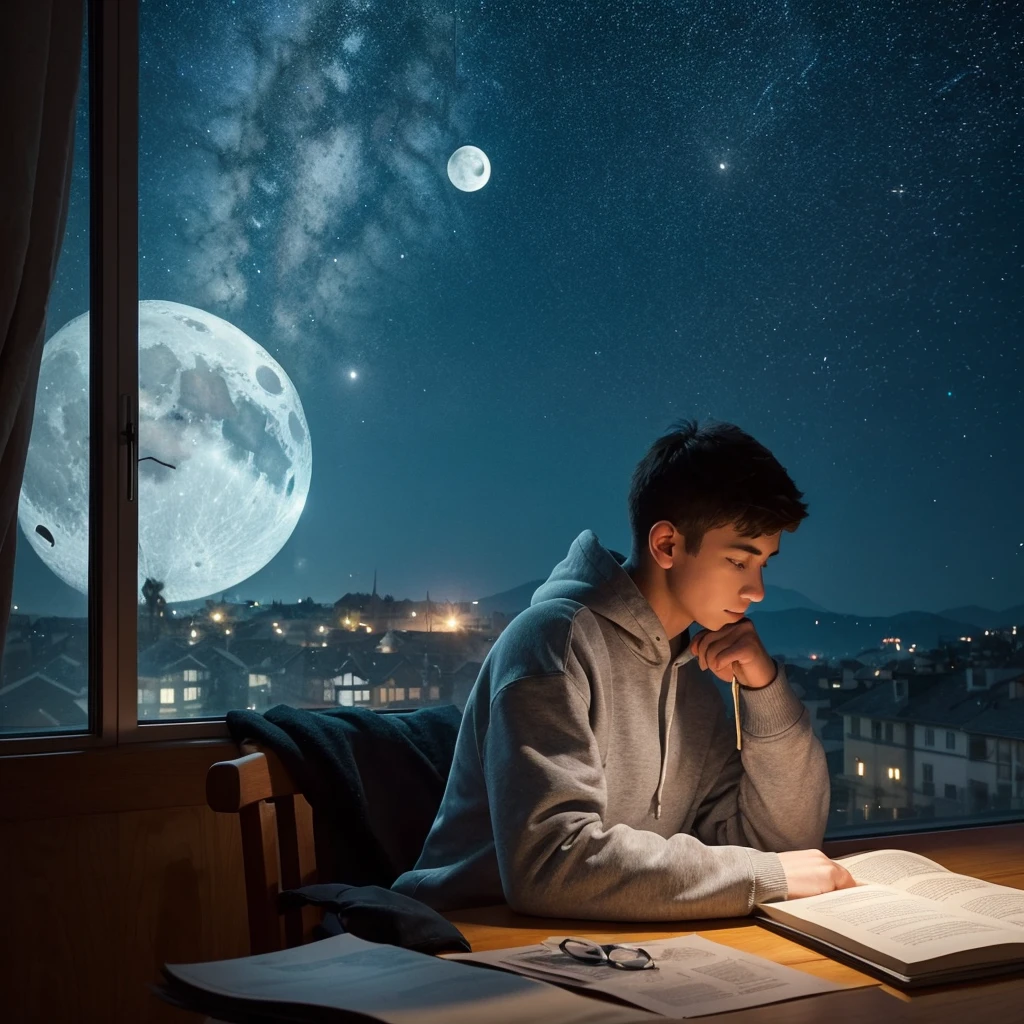 night,Boy studying illuminated,profile,Full Body Esbian,Sitting in a chair,Hoodies and sweatshirts,Moon and stars outside the window Thun