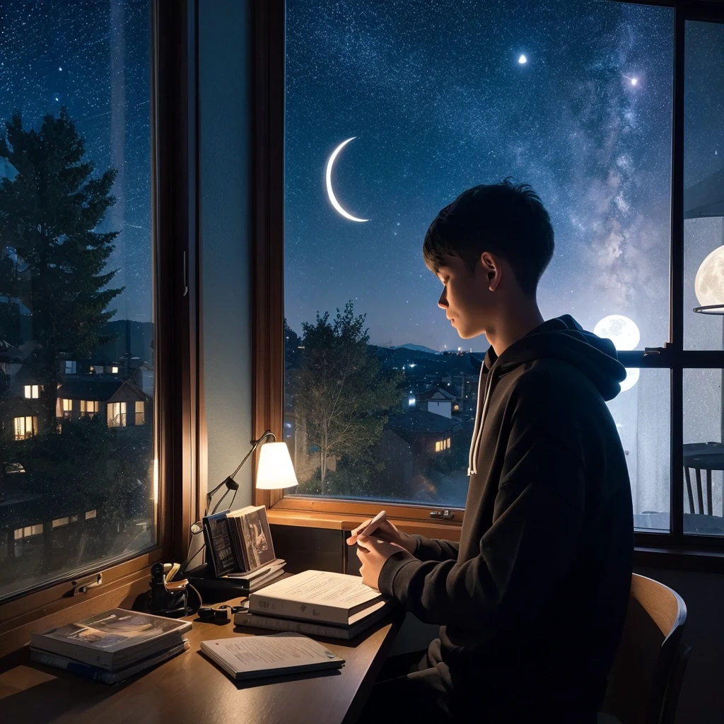 night,Boy studying illuminated,profile,Full Body Esbian,Sitting in a chair,Hoodies and sweatshirts,Moon and stars outside the window　Thun