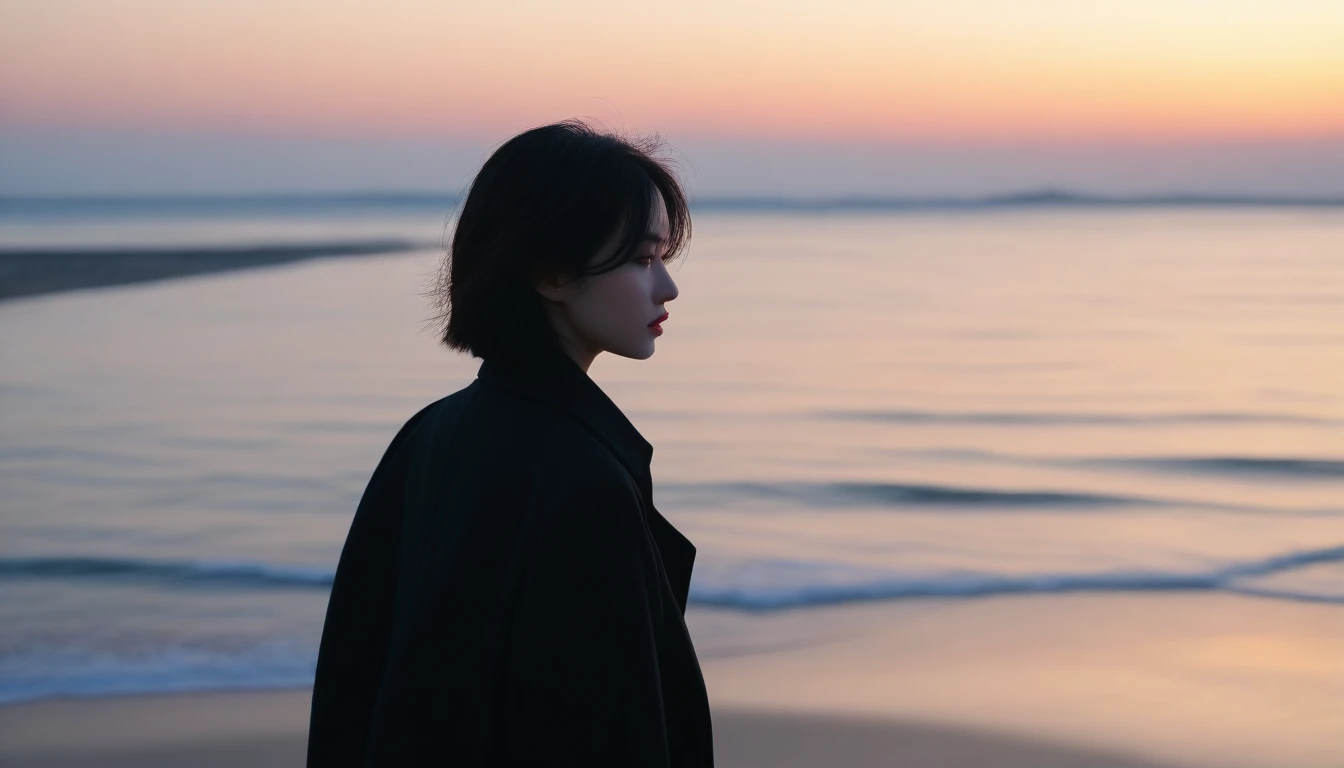 8K, Vivid picture quality, The picture quality is alive, long deserted beach, sunrise view from afar, short hair that covers the neck, , Black trench coat, red light of sunset, sunset, alone, afternoon, depressed, tide가 밀려온다, ocean, tide, wind, short korean girl, 잔잔한 tide,