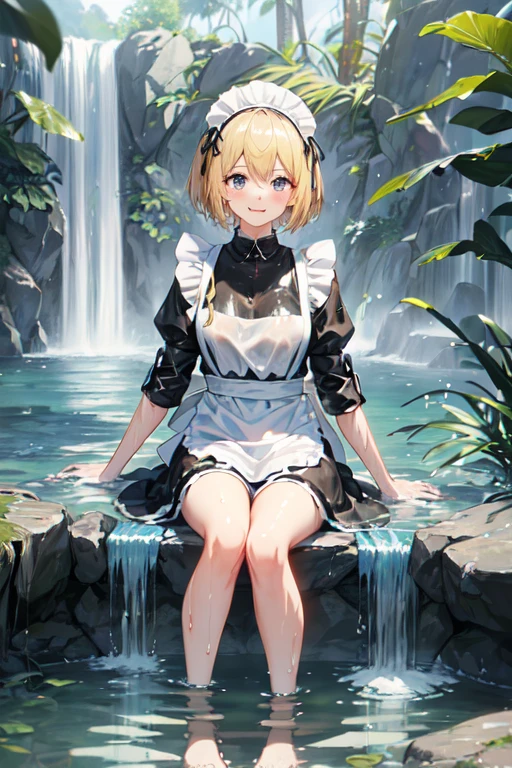 (Super best quality:1.6), (Highest quality:1.4), (detailed:1.4), (Attention to detail:1.4), (Ultra-high resolution:1.6), 4K, (detailedな顔), (Maid clothes, White apron, Headband, Black Dress, ribbon, Maid clothes, Classic, Long:1.4), (白と黒のMaid clothes), Blonde, Blue Eyes, Cat ear, cute, Small breasts, The best smile, Looks happy, Soaked from head to toe, (Water drips from the clothes:1.6), (Water Drop:1.6), (Soaked from head to toe:1.6), (全身にWater Drop:1.6), (Entering the water fully clothed:1.4), (全身からWater Dropが垂れる:1.6), (Big waterfall, Taki training), In the water, Deep River, Being struck by a waterfall, Waterfall basin, (Waterlogged), (Bathing in a waterfall:1.6), (Bathing fully clothed), Bathing, Waterfall shower, Waterfall bath, natural, 全身にWater Drop,