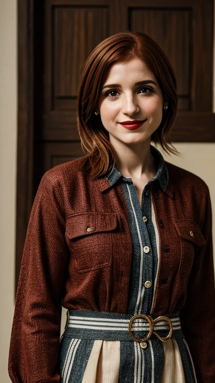 Aya Cash dressed in handmade clothes with painted lips and smiling