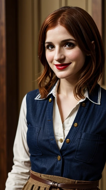 Aya Cash dressed in handmade clothes with painted lips and smiling