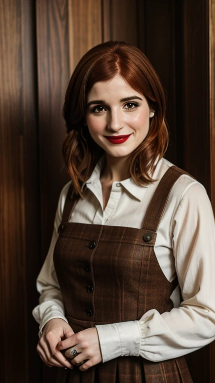 Aya Cash dressed in handmade clothes with painted lips and smiling