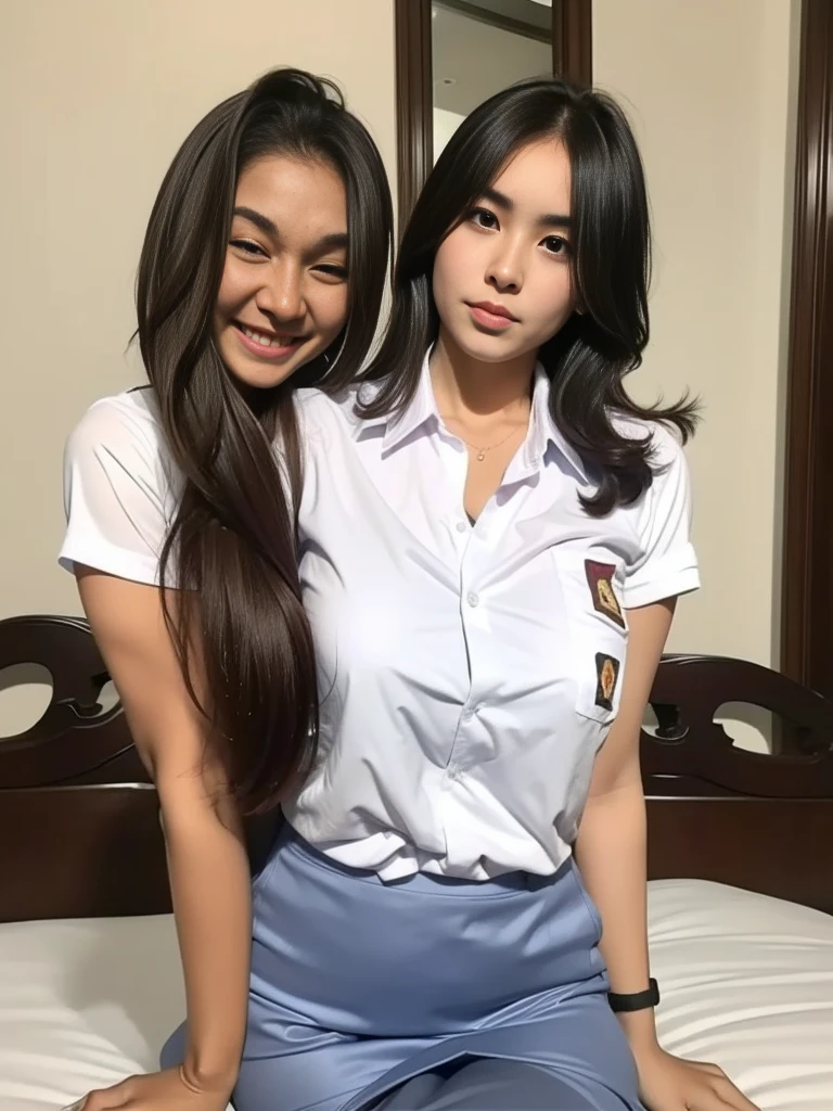 1girl, solo, sensual, clear lighting, middle frame positioning, wide angle view, (Indonesian_high_school), fit body, long hairstyle, very seductive pose sitting on top of hotel bed, detailed face, detailed eyes, unparalleled beauty, looking at the camera, thick breasts, detailed skin, semi-thick legs, muscular arms, muscular belly, looking at the viewer, wearing very short grey blue skirt, wearing white shirt, (8k, RAW photo, best quality, masterpiece: 1.2), (realistic, realistic: 1.5), ultra-high resolution