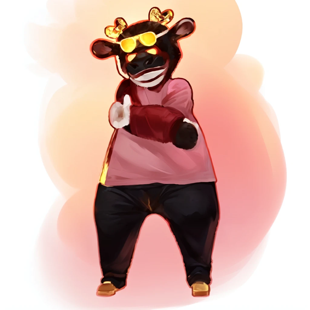 Just Dance，ox bear in a pink jacket and black pants with a pink jacket, ox ox ox, ox, Inspired by Zhu Da, cute ox, a cute giant ox, dancing character, He's dancing, kung fu ox, inspired by Luo Ping, No gradient, Wooden plates, pan ren wei, pat, Black person