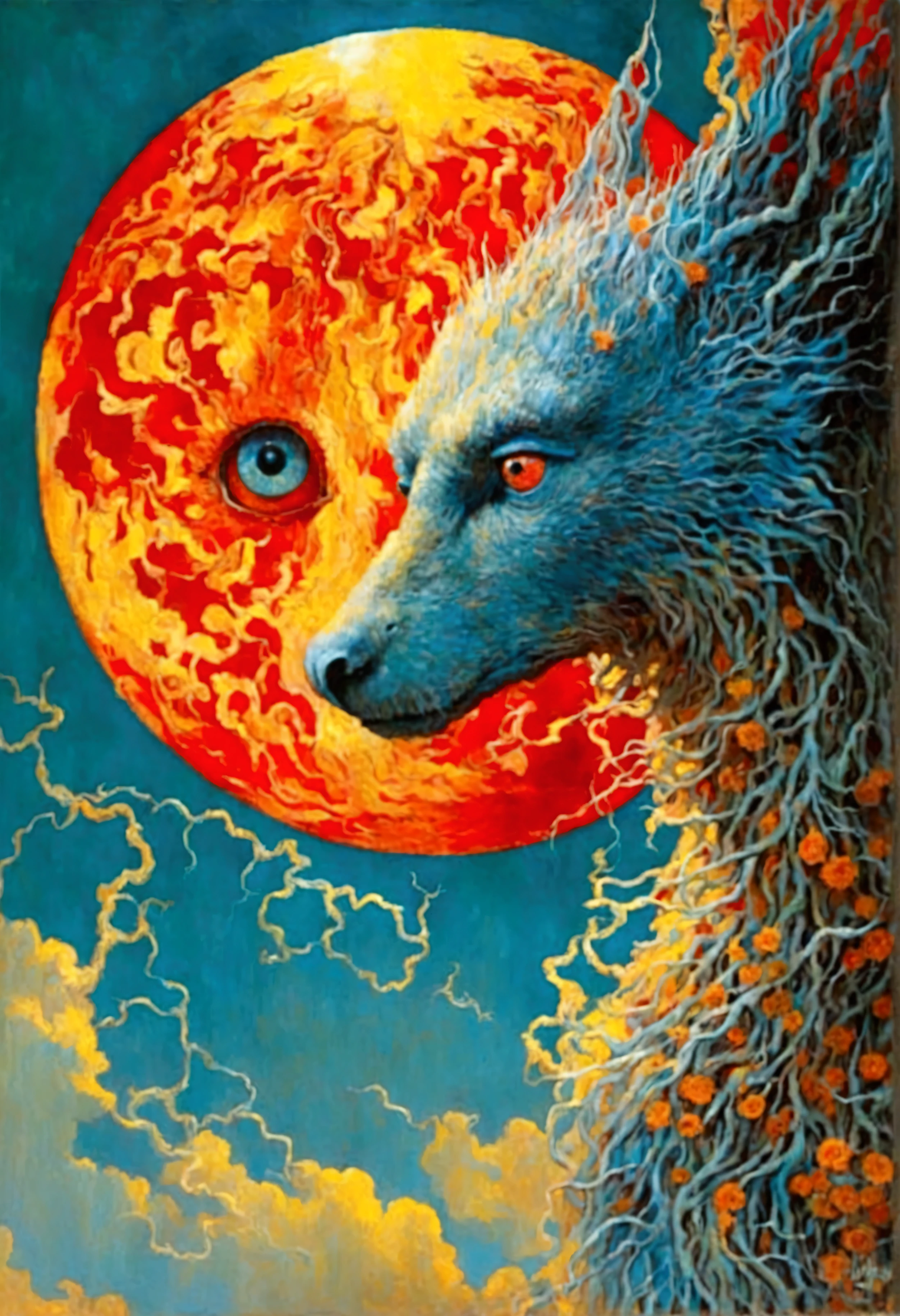 Mythical creatures, author：Zdzislaw Beksiński and Vincent van Gogh, Red moon and big eyeucha