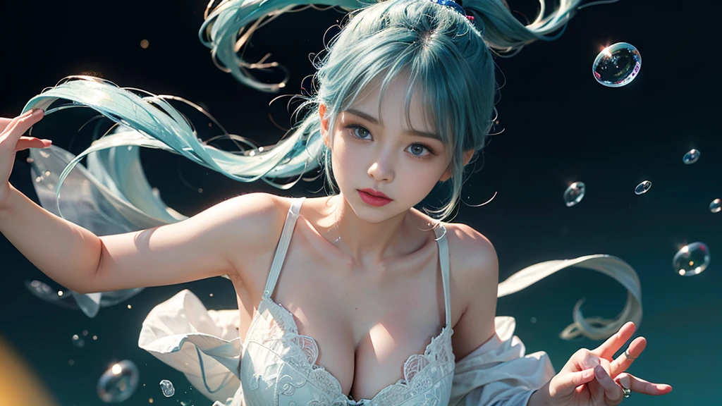 (masterpiece), (Highest quality), (Very detailed), (Disheveled Hair), (shape), (One Girl), (Fashionable clothes), Are standing, Fashion Model, Beholder, (interview), (Simple Background), Beautiful and beautiful eyes, Delicate and beautiful face, floating, (High chroma), (Colorful Splash), Colorful bubbles, (Shine), Focus on the face, ponytail, Light blue hair, bangs, Hair Ring, floating Flowers, floating Hairs, (The Shining), Best lighting, Best Shadow, Big, firm, swaying breasts