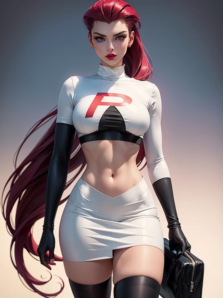 gorgeous girl in sexy standing, ((hair slicked back, long hair,)), large blue eyes, red lip gloss, perfect body, team rocket ,team rocket uniform ,white skirt,crop top,thighhighs,elbow gloves, masterpiece, highres, ((plain background:1.3))