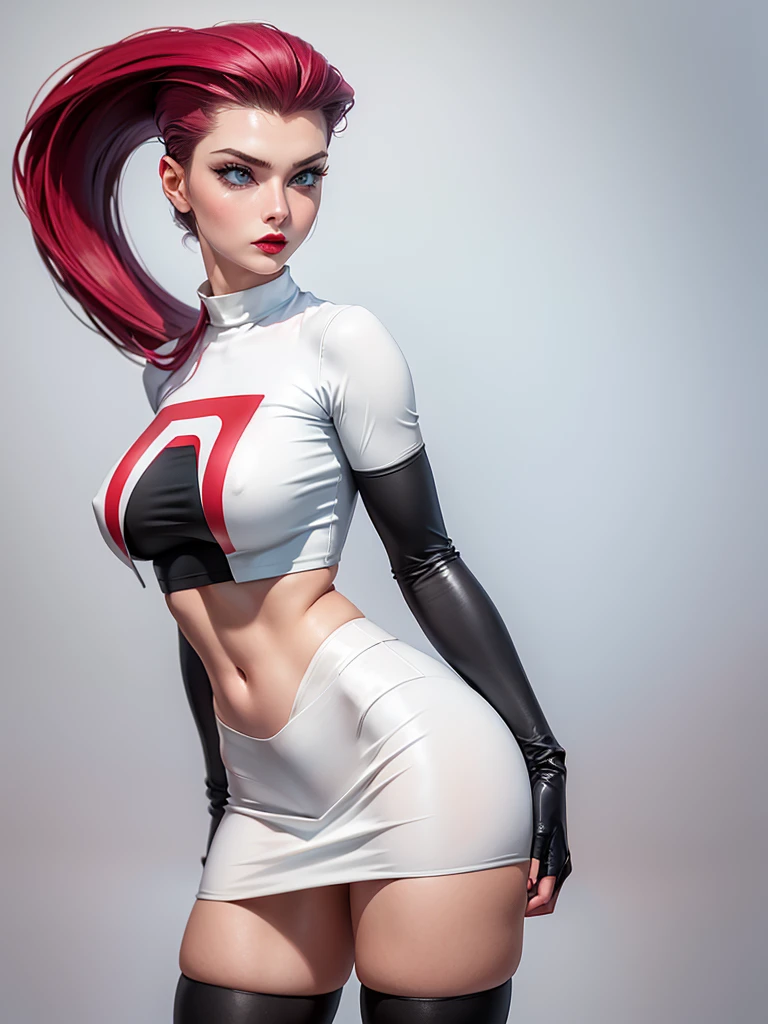 gorgeous girl in sexy standing, ((hair slicked back, long hair,)), large blue eyes, red lip gloss, perfect body, team rocket ,team rocket uniform ,white skirt,crop top,thighhighs,elbow gloves, masterpiece, highres, ((plain background:1.3))