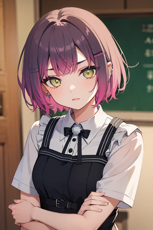 （high quality、最high quality）Brown Hair、アシンメトリーShort Hair、Short Hair、Iris、Slanted Eyes、Glare、Ear piercing、Appearance 、