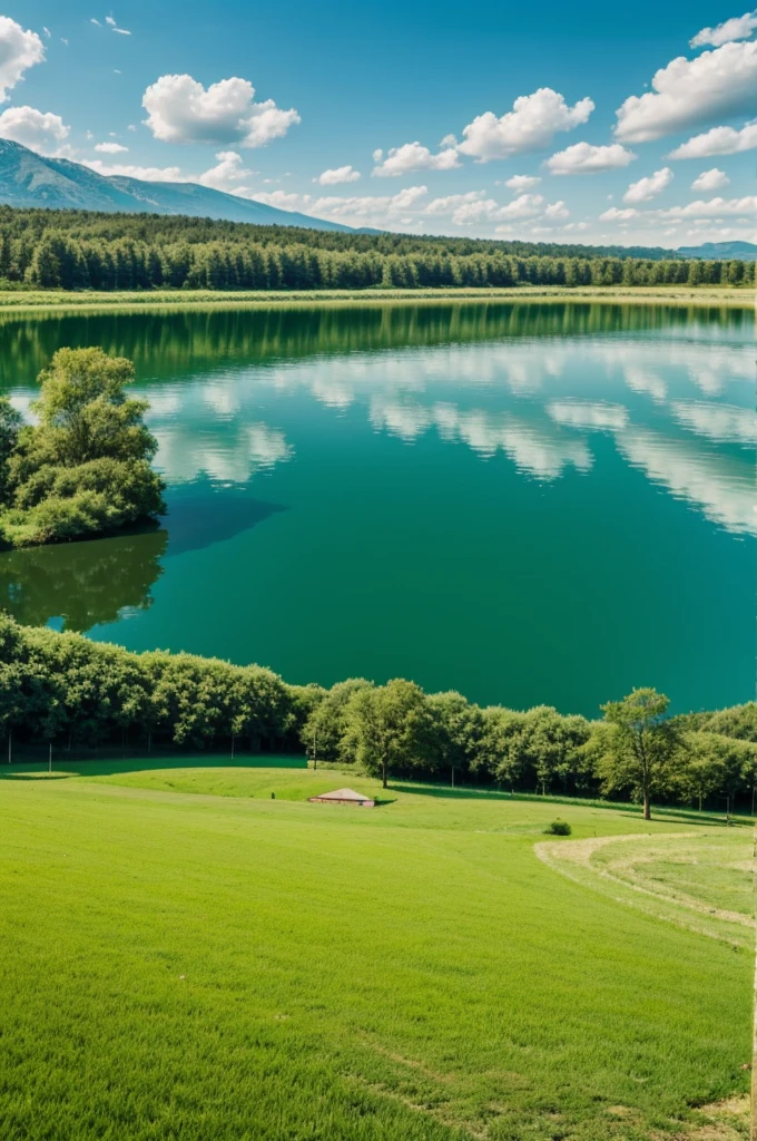 Beautiful green field with clear sky with a lake in the middle of the field
