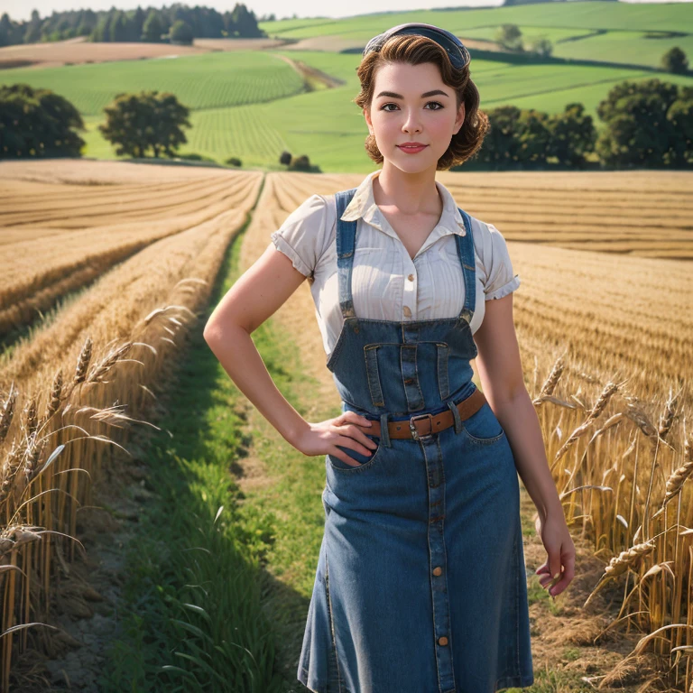Retro Cam. Mary Ingalls, wheat field, farm girl, pin-up, vintage, 22 years old, perfect body, 40's, perspective, half body detail, sharp focus, light mix, detail, 50's, (high skin detail: 1,2), 8k hd, Wallpaper, DSLR, Luz outfit, high quality, Fujifilm XT3 Grainy Films.