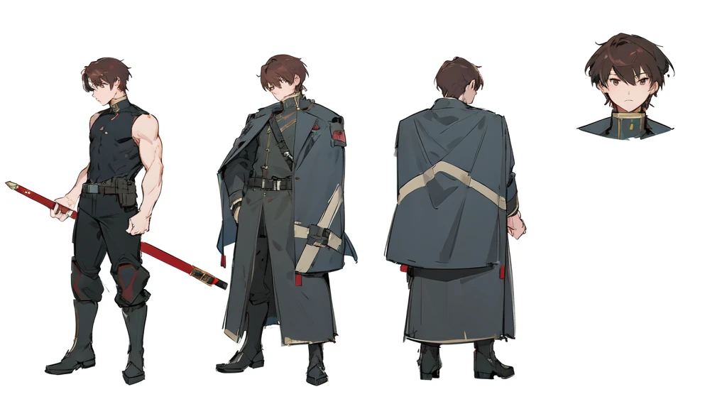 [ anime boy with brown hair and brown eyes wearing a black german military uniform ], sci fi soldier uniform, cyberpunk helmet, (((anime character sheet))), crimsom korean sword, (character design, gravity rush inspired, kantai collection style, inspired by Akihiko Yoshida, gravity rush, from girls frontline, girls frontline style, fate grand order, akihiko yoshida!, no more heroes concept art,