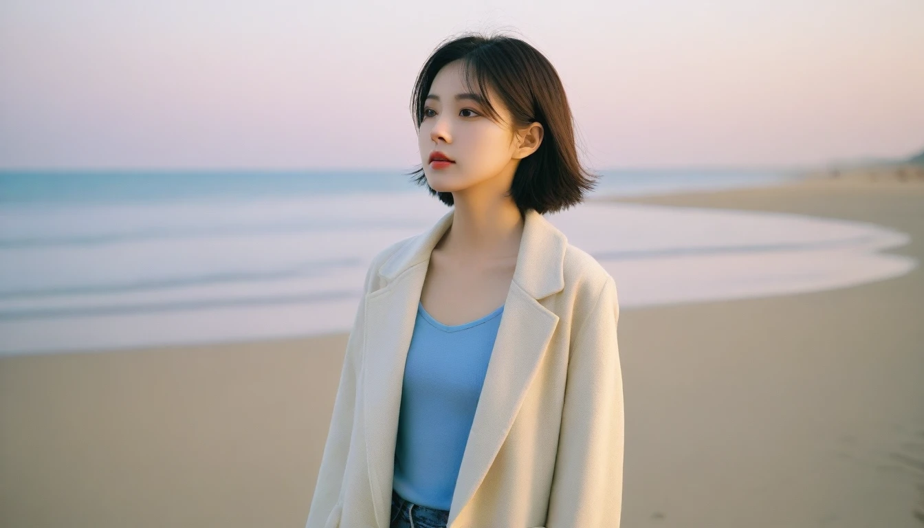 8K, Vivid picture quality, The picture quality is vivid, Realistic and perfect picture quality, long deserted beach, 멀리서 sun rise 뷰어, short hair that touches the shoulders and covers the neck, sun rise의 붉은 빛, sun rise, alone, afternoon, depressed, tide가 밀려온다, ocean, tide, wind, short korean girl, light coat, 잔잔한 tide