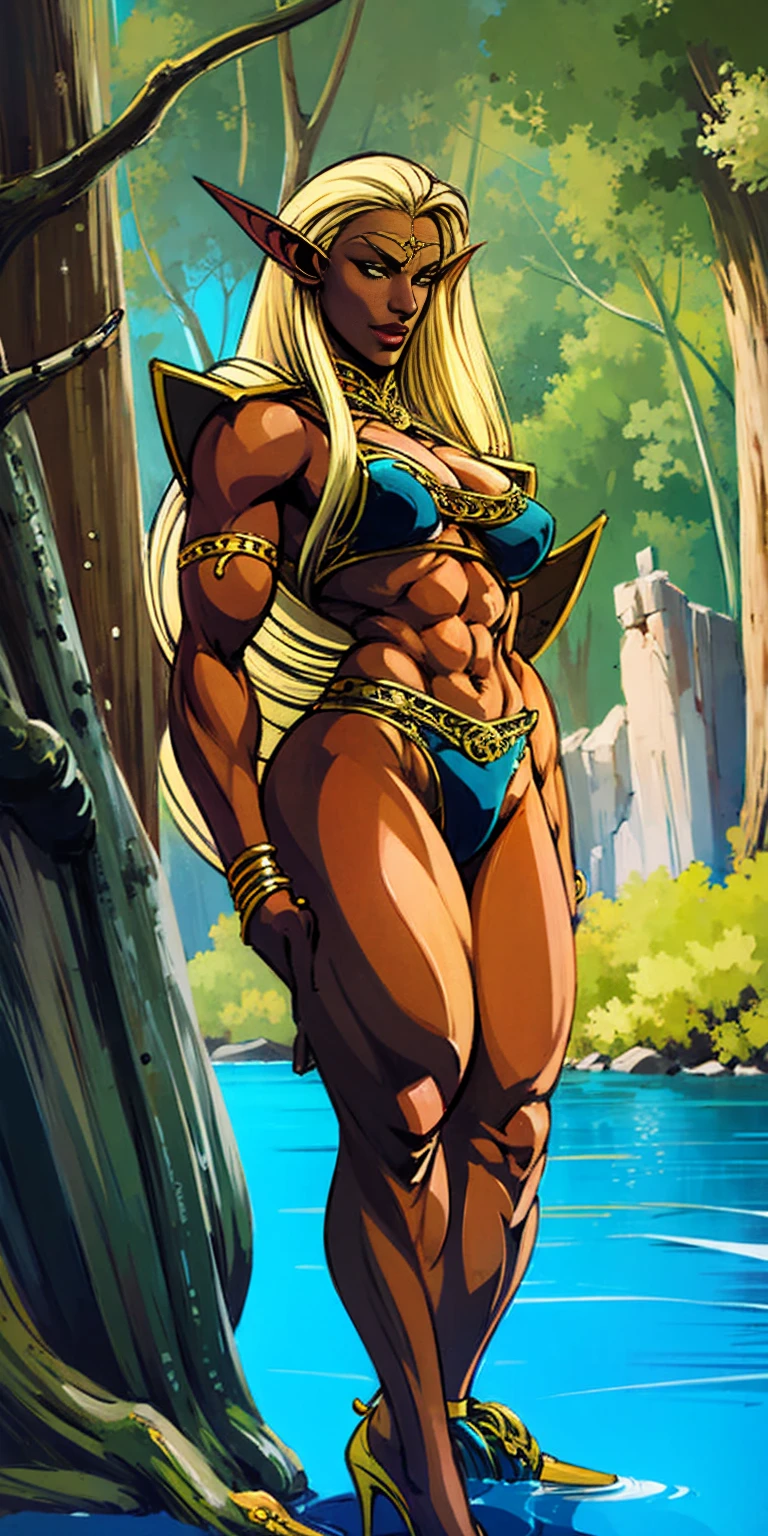 Extremely detailed Artgerm style: This sets the overall artistic style with a high level of detail. Fantasy art: This specifies the genre. Goddess of the green forest: This defines the character's role and gives context to the setting. Woman with long, elf ears: This incorporates the elf features. Black skin: This specifies the character's race. Ornate bikini armor: This combines the skimpy clothing with a fantastical, protective element. Blue high heels standing straight symmetrical: This suggests the color of the bikini and potentially the water body. Long, messy blonde hair: This adds a detail that contrasts the Artgerm style, which is typically more polished for hair.