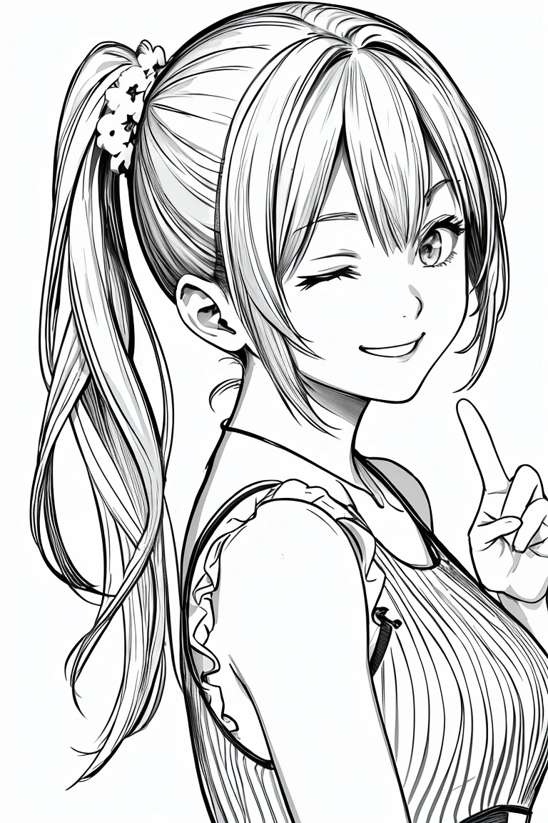 masterpiece,, One girl, alone, short, White Background, Monochrome, Line art, ((sketch))、Facing forward、Wearing a one-piece dress、smile、Making a peace sign、Side ponytail hair、Eyes closed、