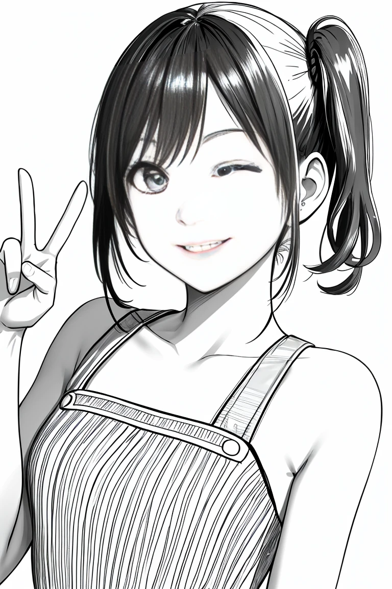 masterpiece,, One girl, alone, short, White Background, Monochrome, Line art, ((sketch))、Facing forward、Wearing a one-piece dress、smile、Making a peace sign、Side ponytail hair、Eyes closed、