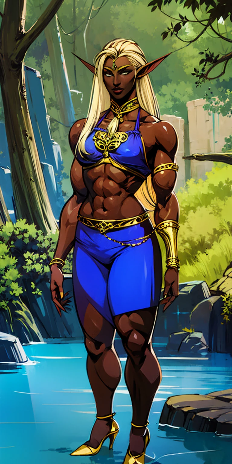 Extremely detailed Artgerm style: This sets the overall artistic style with a high level of detail. Fantasy art: This specifies the genre. Goddess of the green forest: This defines the character's role and gives context to the setting. Woman with long, elf ears: This incorporates the elf features. Black skin: This specifies the character's race. Ornate bikini armor: This combines the skimpy clothing with a fantastical, protective element. Blue high heels standing straight symmetrical: This suggests the color of the bikini and potentially the water body. Long, messy blonde hair: This adds a detail that contrasts the Artgerm style, which is typically more polished for hair.