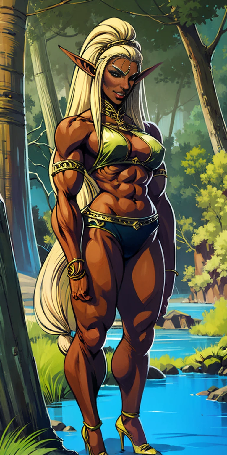 Extremely detailed Artgerm style: This sets the overall artistic style with a high level of detail. Fantasy art: This specifies the genre. Goddess of the green forest: This defines the character's role and gives context to the setting. Woman with long, elf ears: This incorporates the elf features. Black skin: This specifies the character's race. Ornate bikini armor: This combines the skimpy clothing with a fantastical, protective element. Blue high heels standing straight symmetrical: This suggests the color of the bikini and potentially the water body. Long, messy blonde hair: This adds a detail that contrasts the Artgerm style, which is typically more polished for hair.