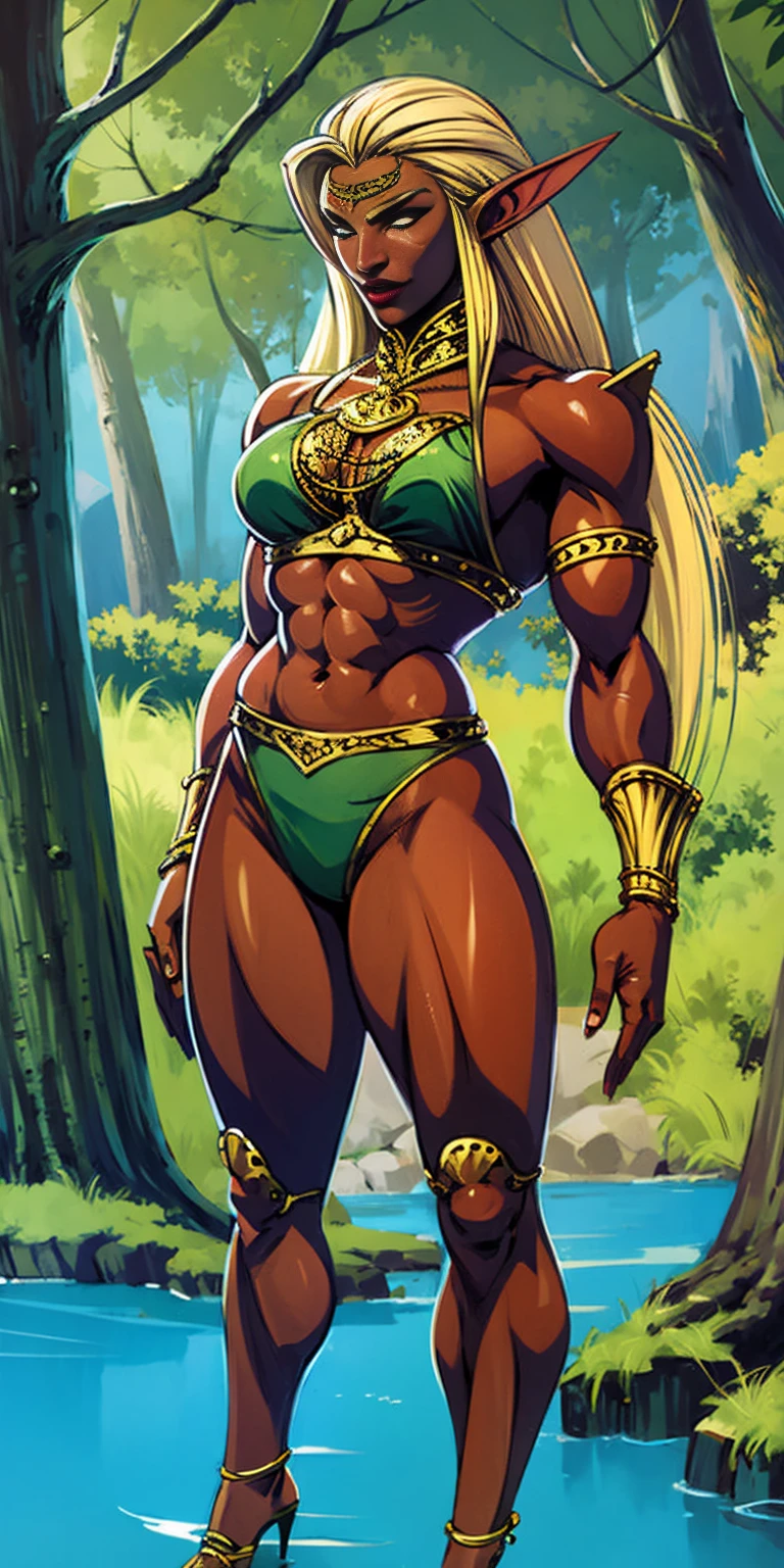 Extremely detailed Artgerm style: This sets the overall artistic style with a high level of detail. Fantasy art: This specifies the genre. Goddess of the green forest: This defines the character's role and gives context to the setting. Woman with long, elf ears: This incorporates the elf features. Black skin: This specifies the character's race. Ornate bikini armor: This combines the skimpy clothing with a fantastical, protective element. Blue high heels standing straight symmetrical: This suggests the color of the bikini and potentially the water body. Long, messy blonde hair: This adds a detail that contrasts the Artgerm style, which is typically more polished for hair.