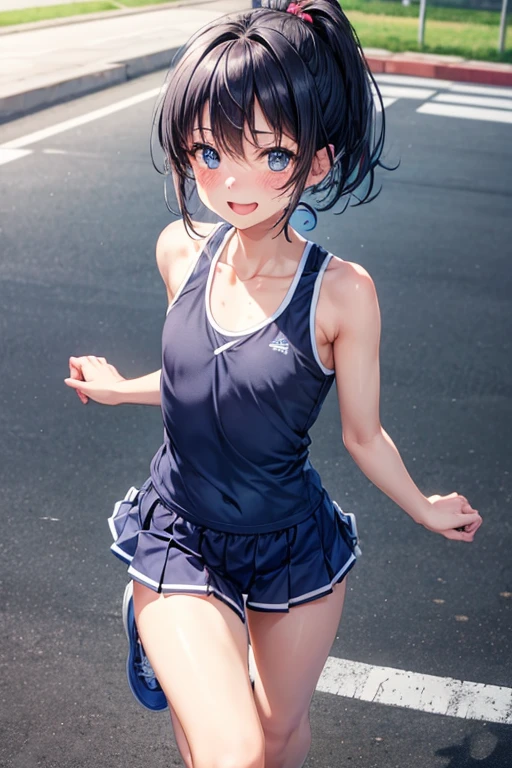 1 high school girl,hair_Navy Blue,short hair,ponytail,Blue Eyes,Blue sportswear,Mouth wide open,A very happy smile,Happy look,Cheerful expression,Sweat on the forehead,School grounds,grass,Soccer Wear,Shorts,blush,Kicking a soccer ball,Small ,,cute,,flat chest