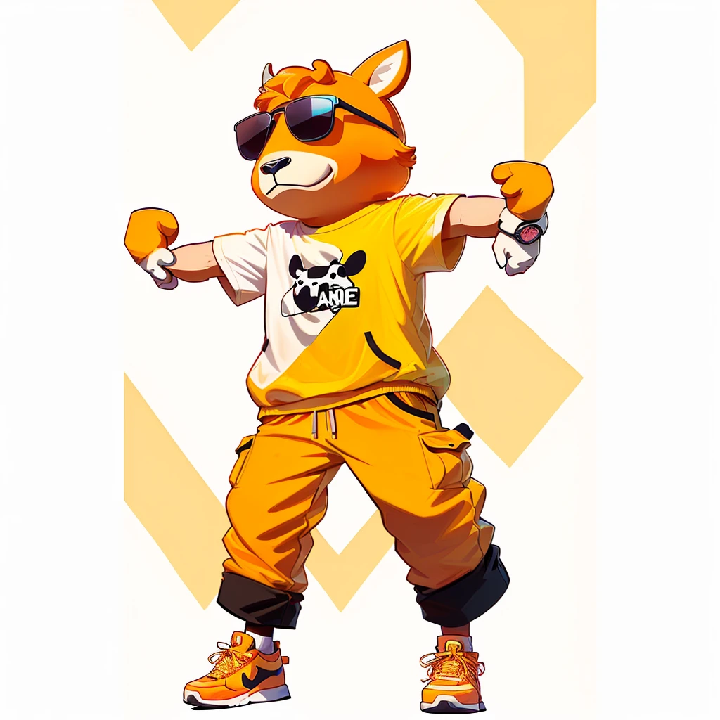 Wear a shirt、Wearing sunglasses、Cartoon cow with crossed arms, Full body mascot, ( cow wearing sunglasses, dancing character, Created using Adobe Illustrator, Teddy Fresh, Orange body, Created using Adobe Illustrator, Cartoon shading:15, Official Art, Merge roles, an anthropomorphic deer, Official illustrations, Full body clothing,  posture