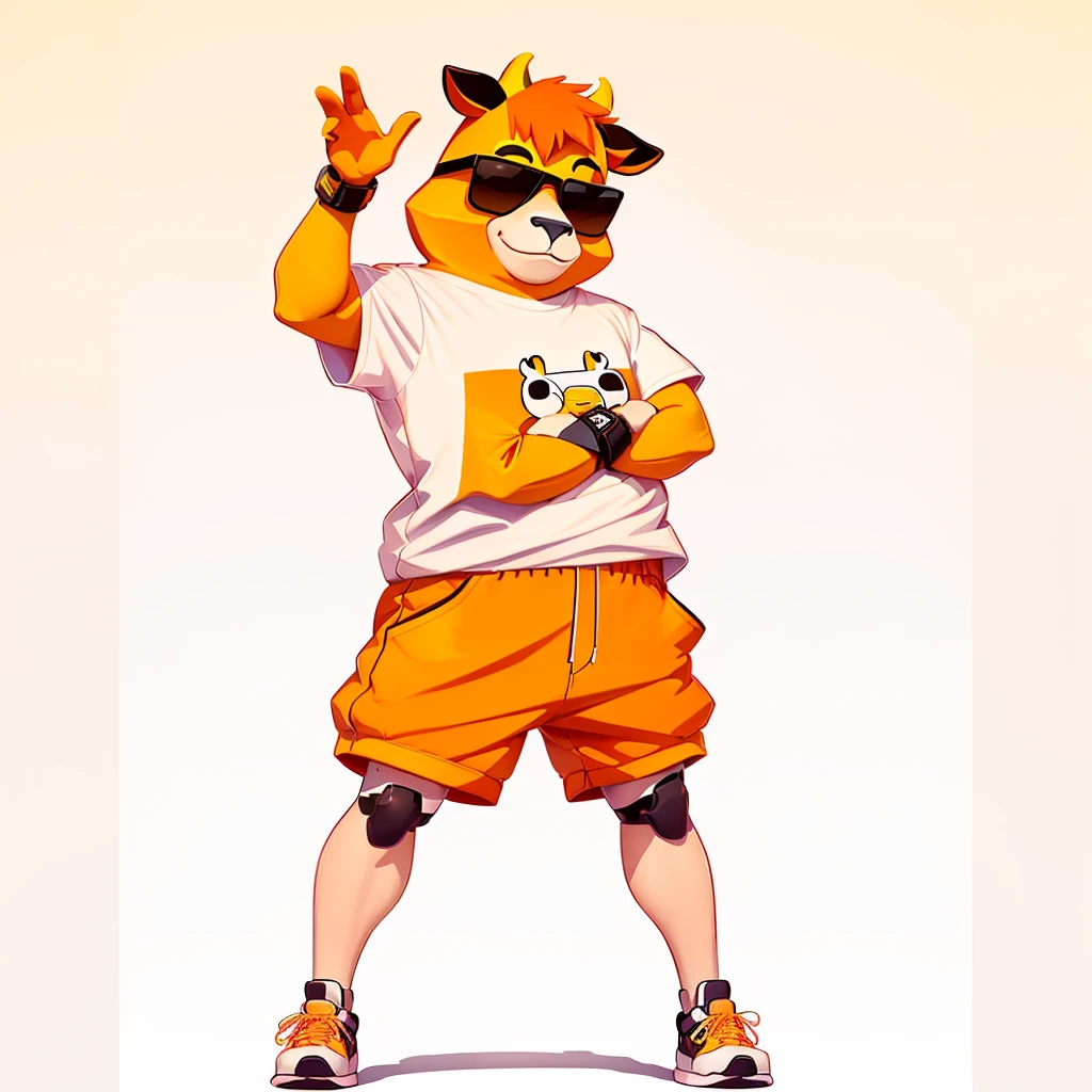 Wear a shirt、Wearing sunglasses、Cartoon cow with crossed arms, Full body mascot, ( cow wearing sunglasses, dancing character, Created using Adobe Illustrator, Teddy Fresh, Orange body, Created using Adobe Illustrator, Cartoon shading:15, Official Art, Merge roles, an anthropomorphic deer, Official illustrations, Full body clothing,  posture