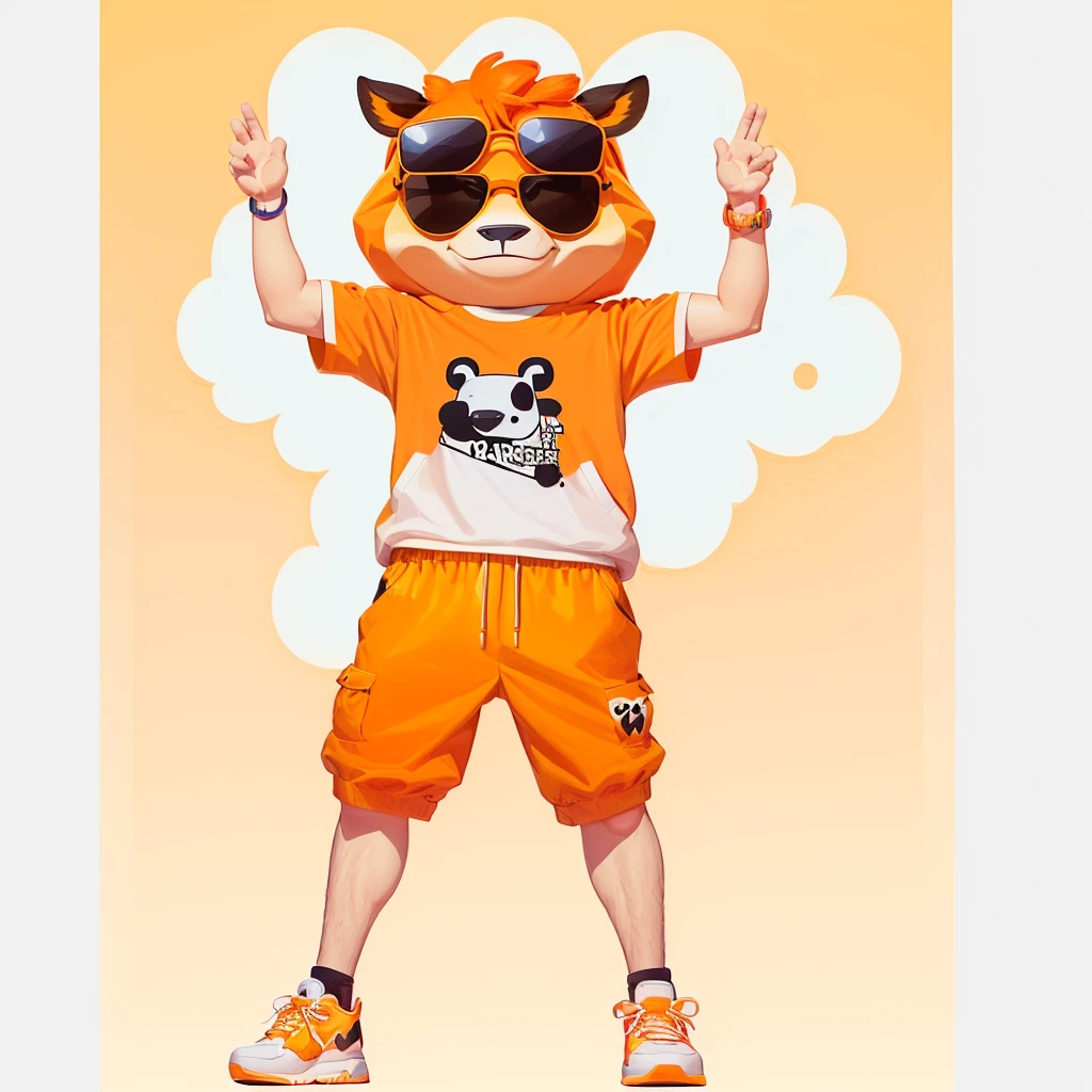 Wear a shirt、Wearing sunglasses、Cartoon cow with crossed arms, Full body mascot, ( cow wearing sunglasses, dancing character, Created using Adobe Illustrator, Teddy Fresh, Orange body, Created using Adobe Illustrator, Cartoon shading:15, Official Art, Merge roles, an anthropomorphic deer, Official illustrations, Full body clothing, posture
