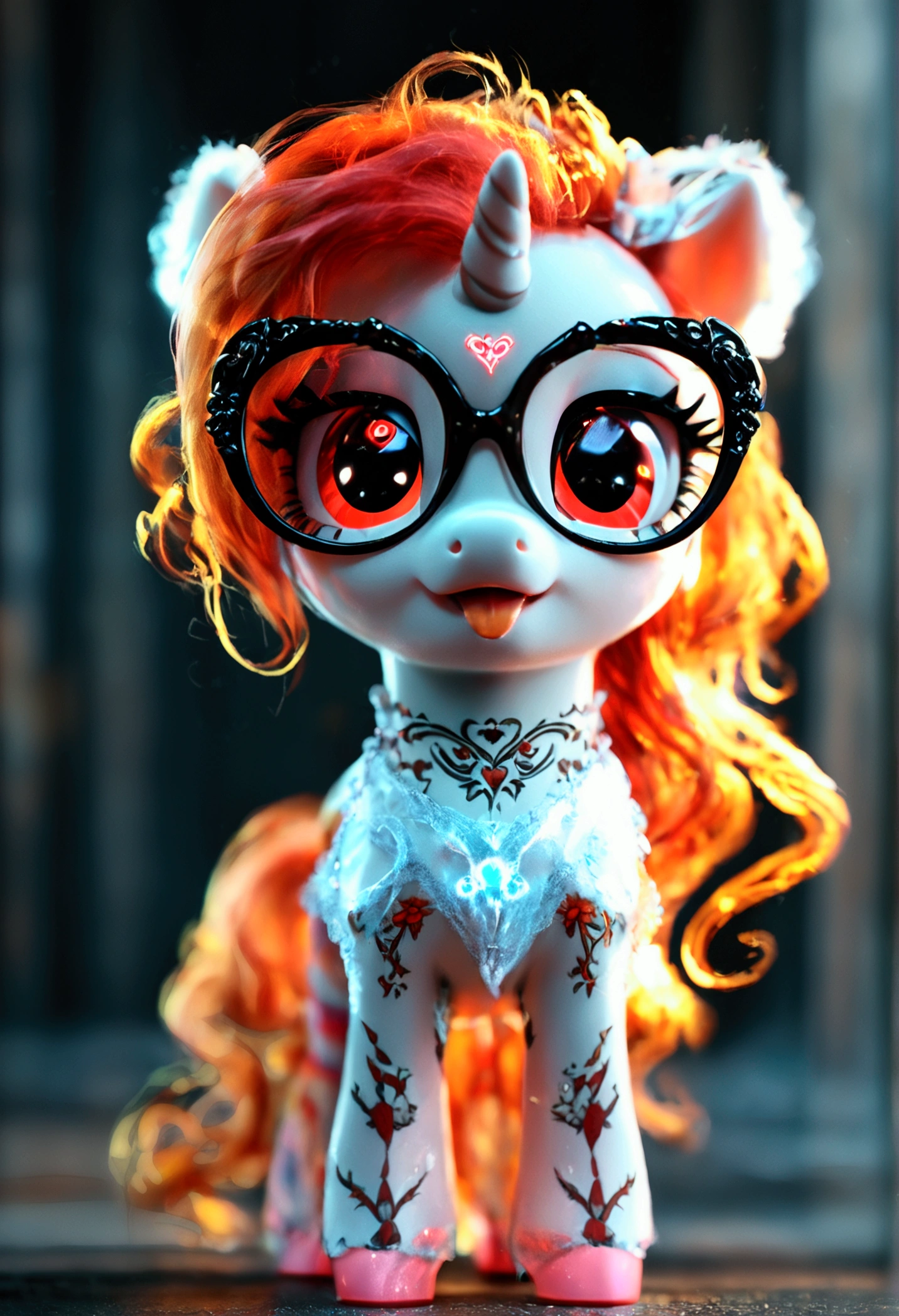 radiant lighting, vibrant colors, whimsical atmosphere, 8K, high resolution, highly detailed, masterpiece, (((my little pony))), four stockings, (red hair, white body, red eyes) cute face, tongue out, striped stockings, standing on four hooves, cool glasses, showing butt, ((a lot of tattoo on body:1.3)), goth style, ((sexy panties))